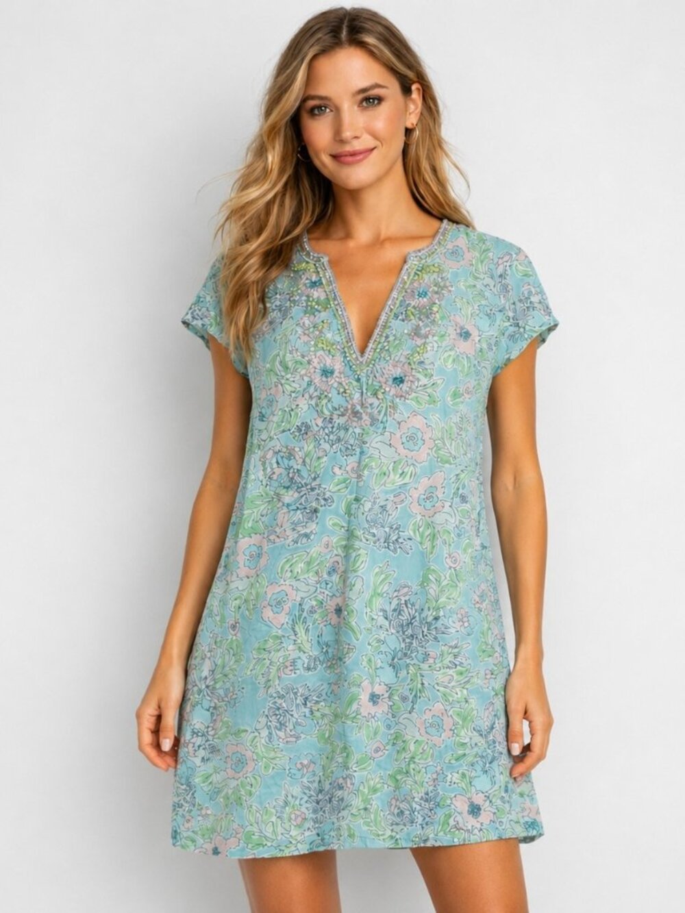 Bella Tu Dress Womens M Blue Floral Shift Short Sleeve V-Neck Beaded Lightweight